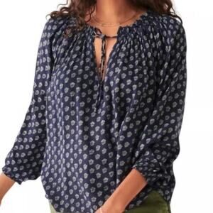 Faherty Emery Peasant Top in Navy Lotus Floral Print Size Medium